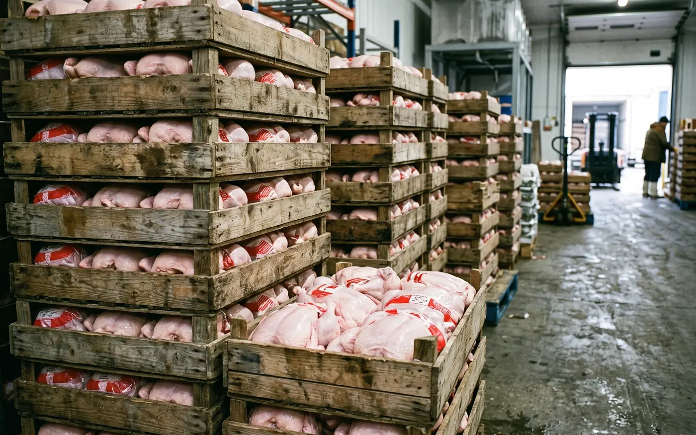 Cajones de pollo entero El Fortín apilados en el depósito, listos para reparto